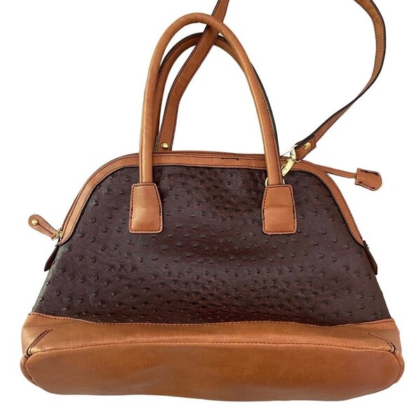 London Fog Brown & Tan Vegan Ostrich Leather Satchel Handbag With Shoulder - Picture 3 of 14